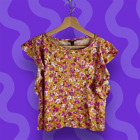 Ann Taylor Women's Large 100% Linen Flutter Sleeves Retro Floral Shirt Blouse - Picture 2 of 8